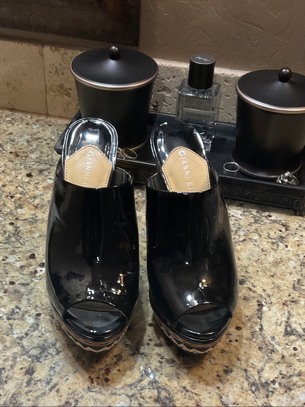 Gianni Bini Black Patent Peep-Toe Platform Mules with Woven Trim